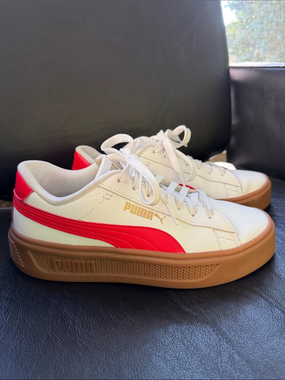 Puma White Sneakers with Red Formstrip and Gum Sole